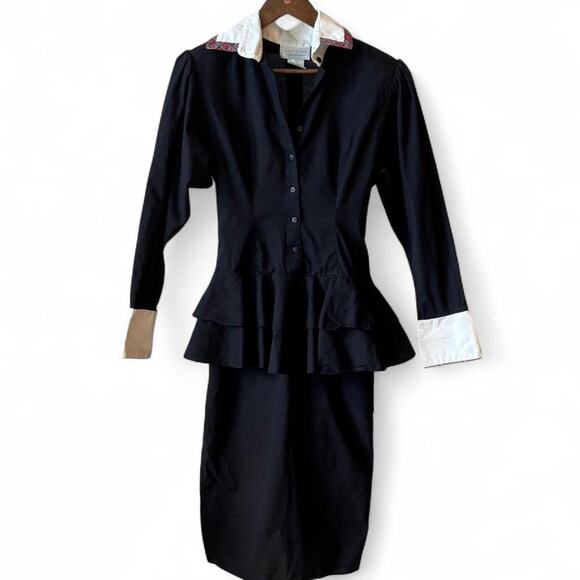 Vintage Gunne Sax Black Peplum Dress White Cuffs Collar Secretary Style Size 9 - Picture 5 of 8